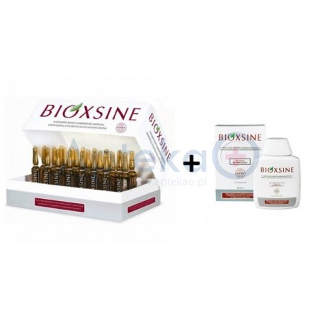 Bioxsine Serum ziołowe zapobiegające wypadaniu włosów ampułki 24 amp. po 6ml + Szampon do włosów suchych i normalnych 300ml