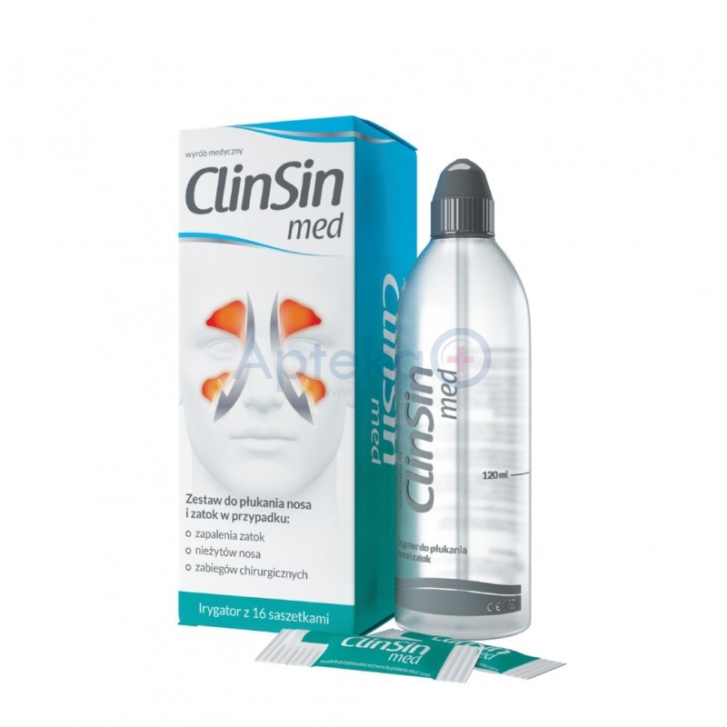 ClinSin Med Zestaw do płukania nosa i zatok w postaci miękkiej butelki zakończonej ergonomicznym aplikatorem oraz 16 saszetek