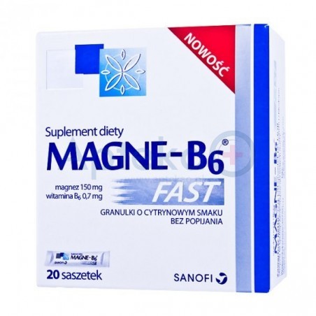 Magne-B6 Fast granulki o cytrynowym smaku bez popijania 20 sasz.