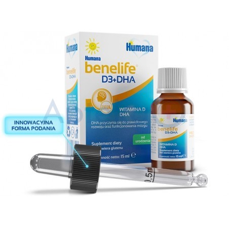 HUMANA BENELIFE WITAMINA D3 + DHA KROPLE Z PIPETKĄ 15 ML